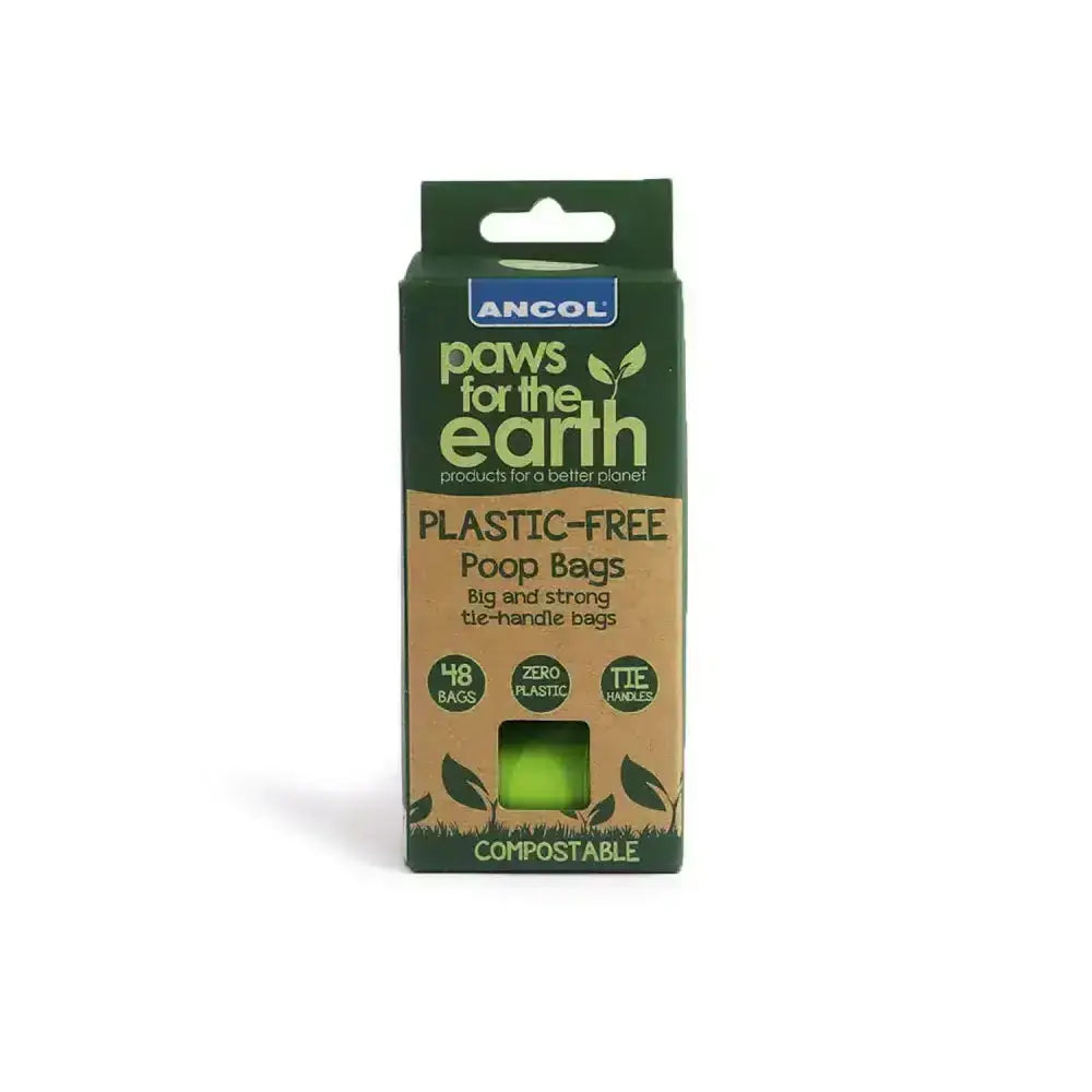 Green compostable earth plastic free poop bag refill in cardboard package with tie handles from ancol paws for the earth