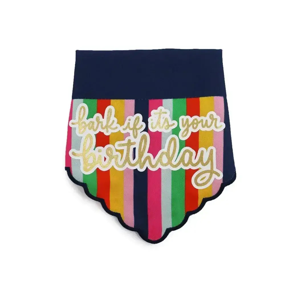 Navy blue ancol pawty time bandana dog featuring colorful stripes and gold foil bark if its your birthday text