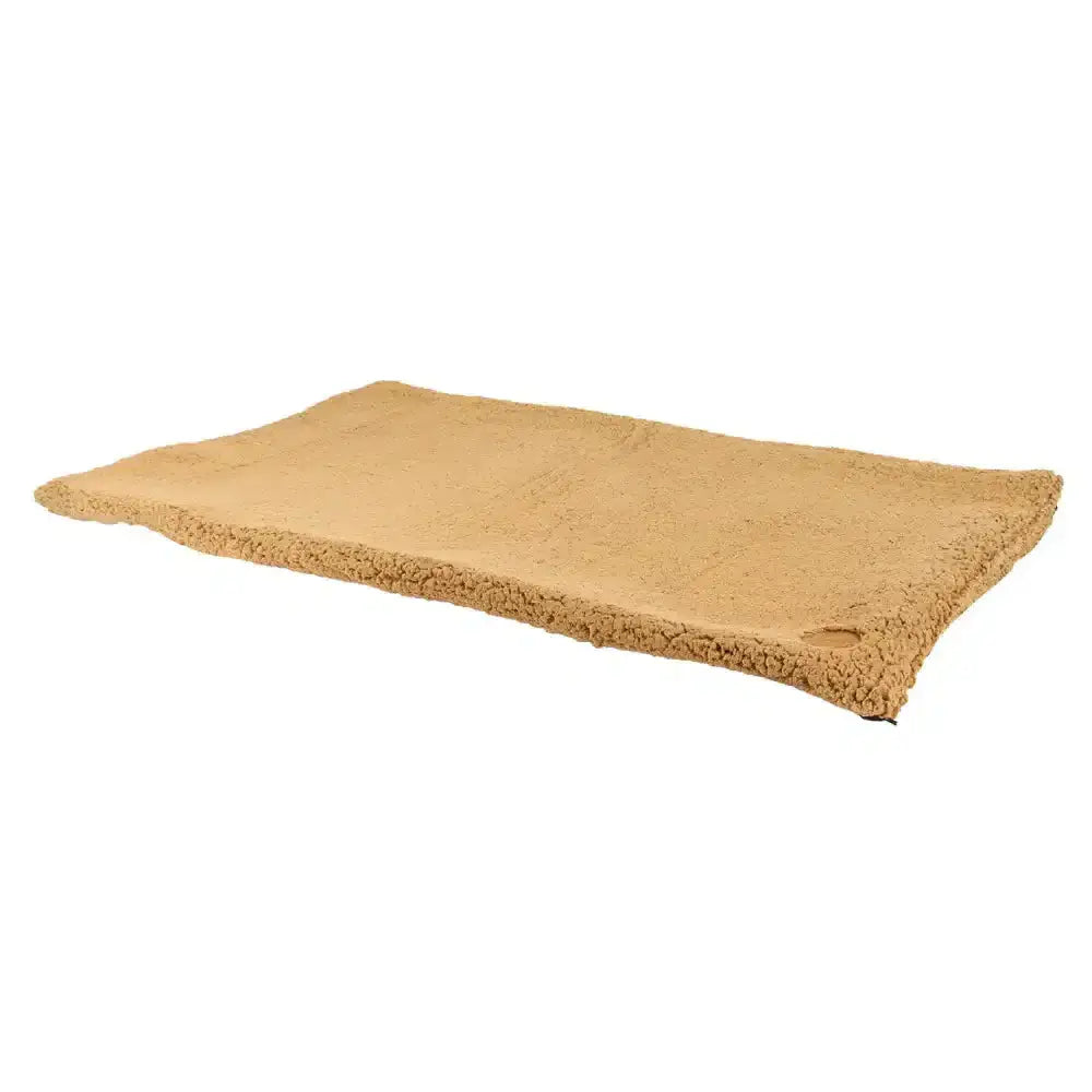 Tan plush sheepskin style pet bed with soft texture and rounded edges ancol sleepy paws flat pad teddy fleece beige