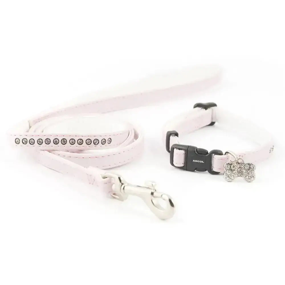 White leather ancol small bite collar and lead deluxe jewel in pink with rhinestone embellishments for small dogs