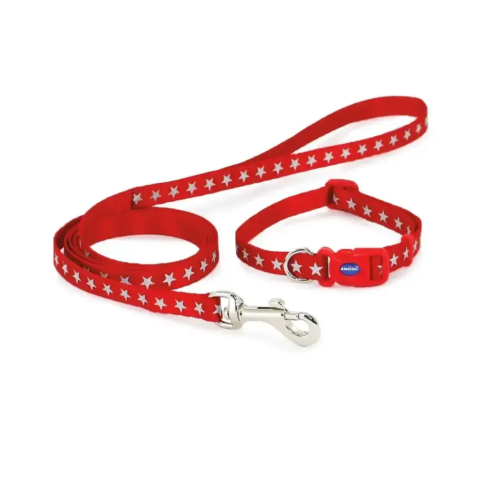Ancol small bite collar and lead set in reflective star red with a dog leash and collar featuring red stars