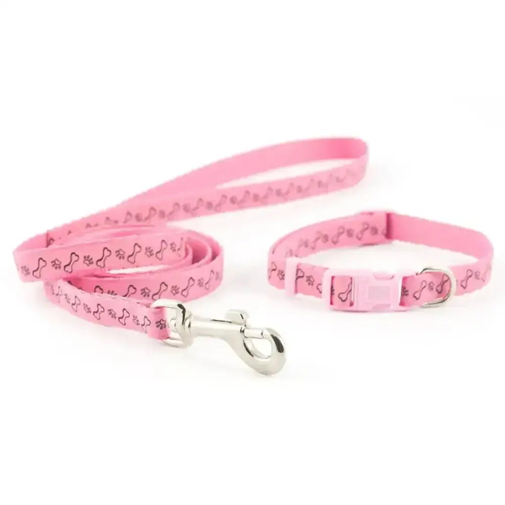 Pink ancol small bite collar and lead set paw with bone pattern perfect for small dogs