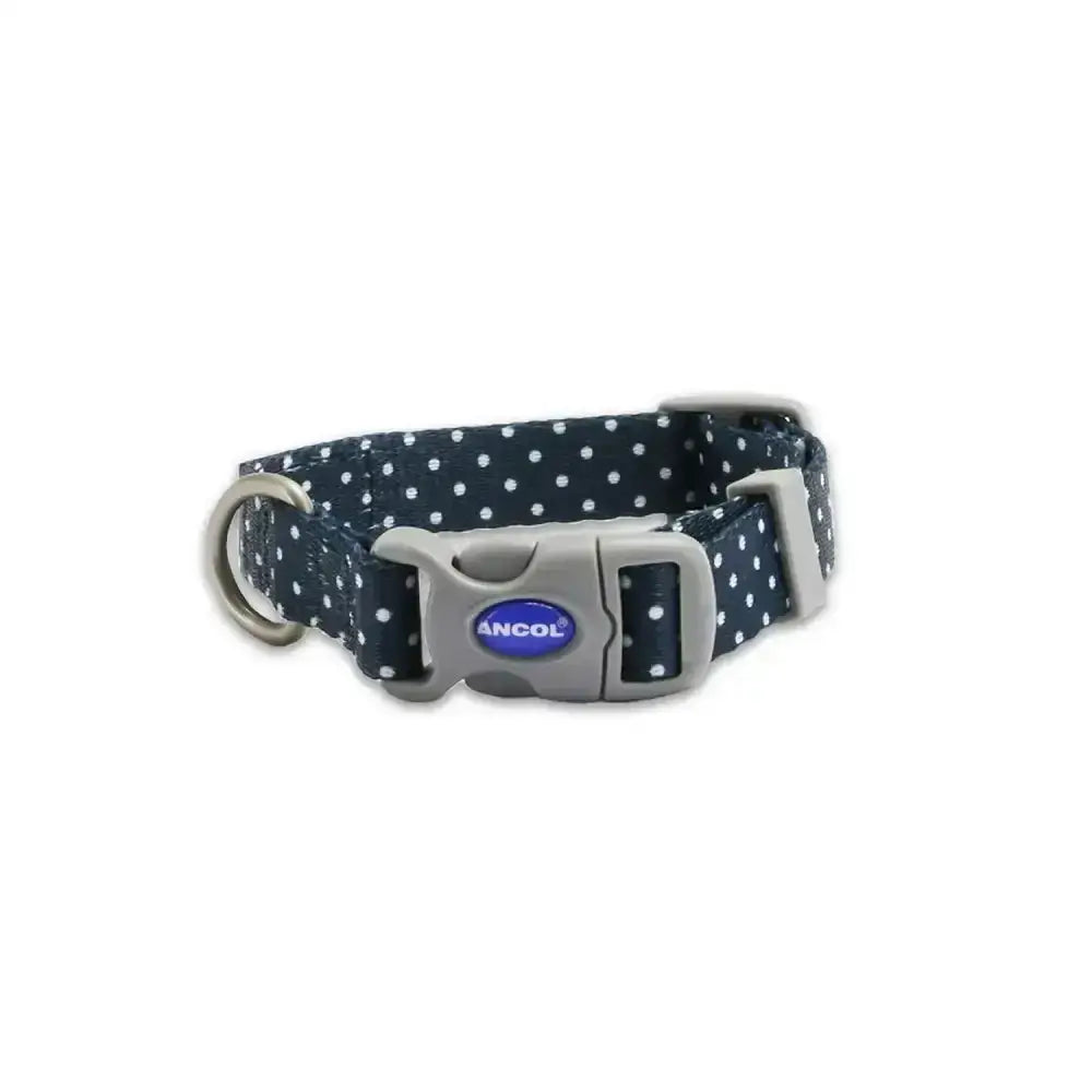 Dark blue ancol soho pet collar polka dot with gray plastic buckle and metal d-ring for dogs