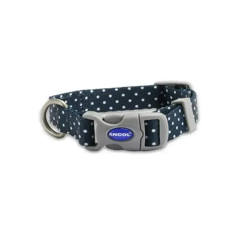 Dark blue collar polka dot with gray plastic buckle and silver d-ring from ancol soho pet soho pet collar
