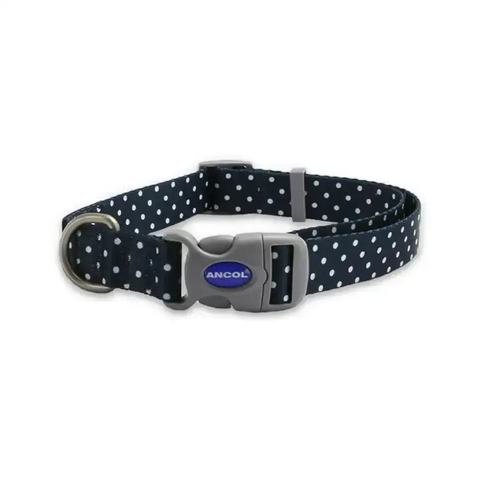 Navy blue ancol soho pet collar polka dot with silver buckle gray plastic clip and d-ring for dogs