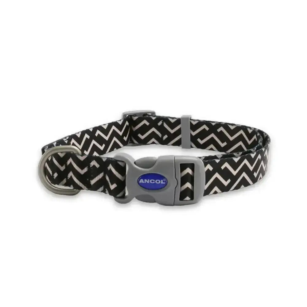 Black and white zigzag patterned collar zig zag with gray plastic buckle featuring ancol soho pet logo