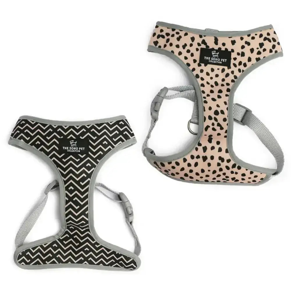 Two ancol soho pet harnesses featuring a reversible dalmatian zig zag and beige leopard print with gray trim