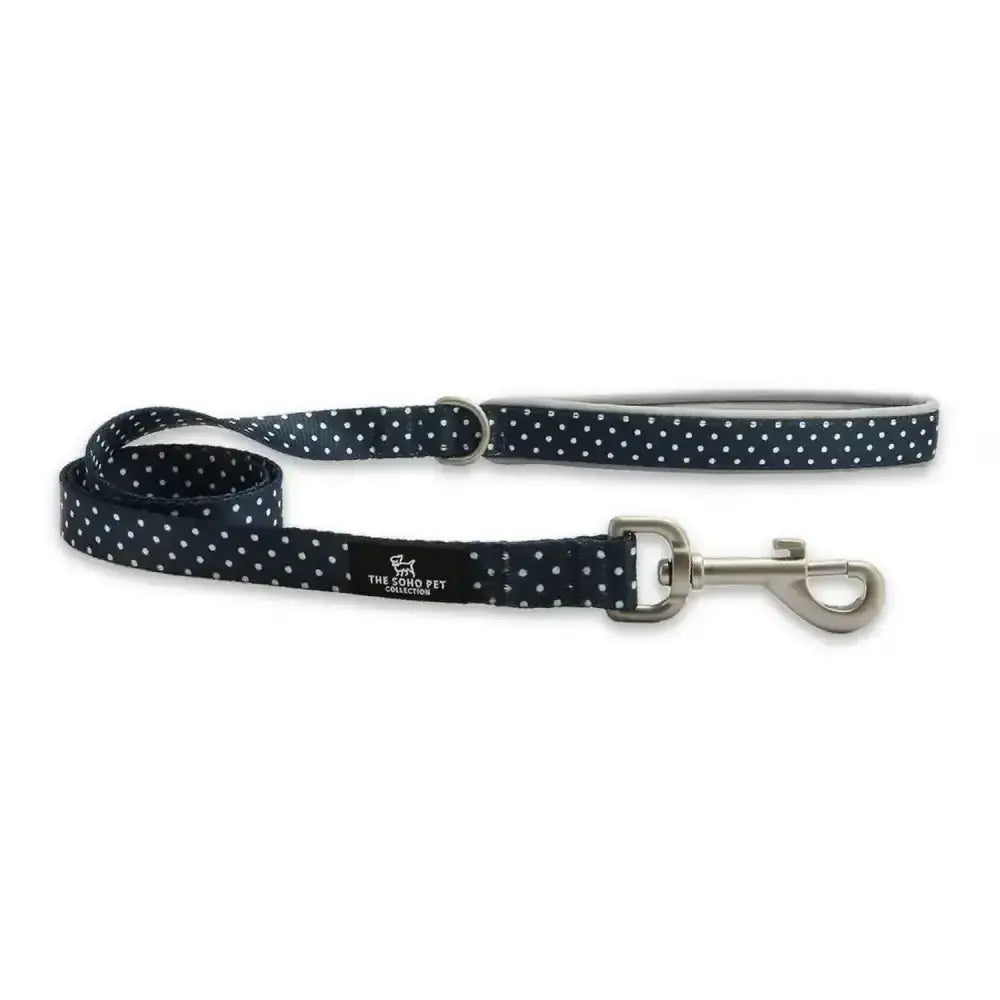 Navy blue ancol soho pet lead polka dot with white dots and silver metal hardware for stylish walks