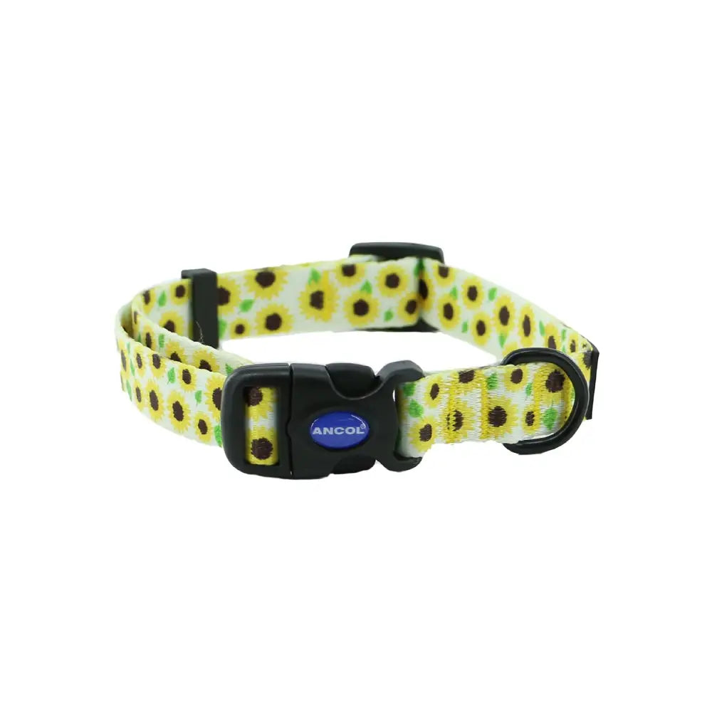 Yellow sunflower patterned collar with black buckle and d-ring featuring blue ancol logo on the clasp