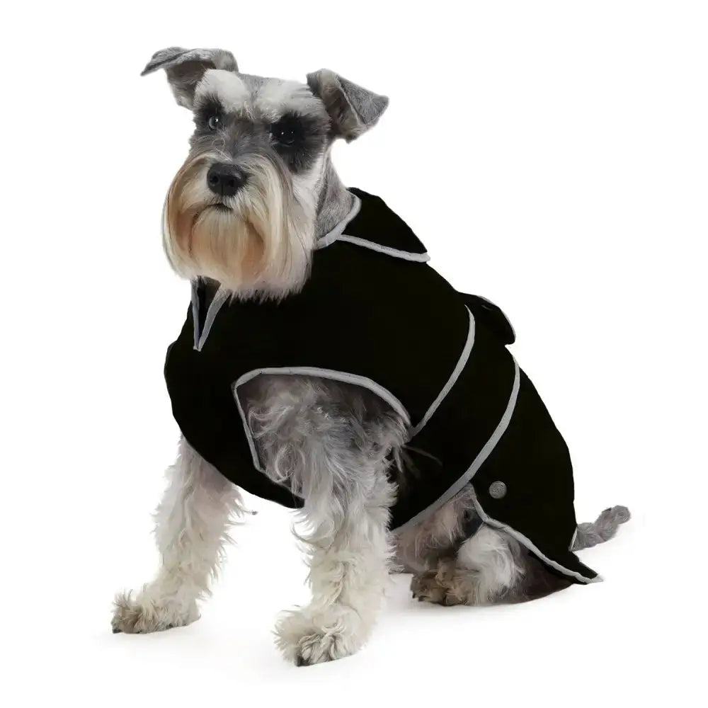 Black ancol stormguard dog coat with silver trim button closure and internal fleece lining for chilly walks