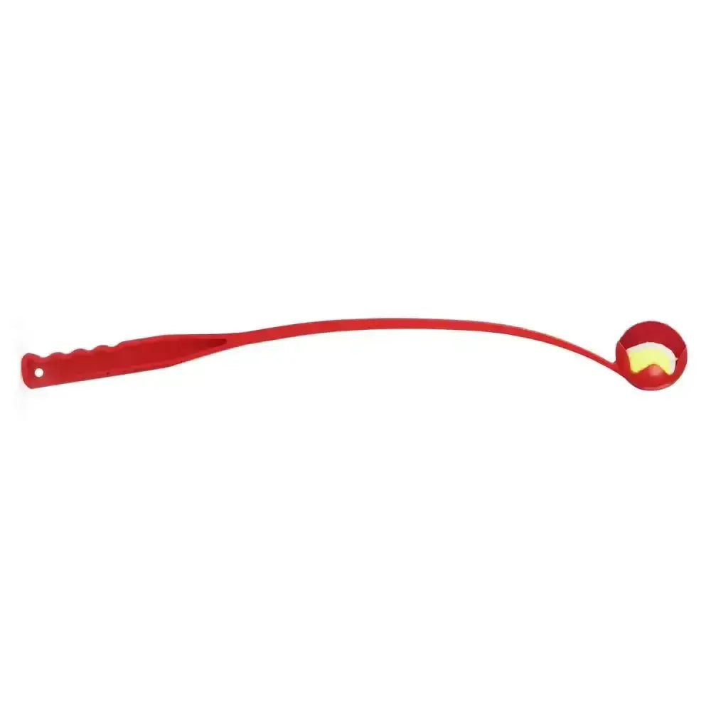 Red plastic ancol tennis ball launcher dog toy with curved handle and textured ball end for fetch fun