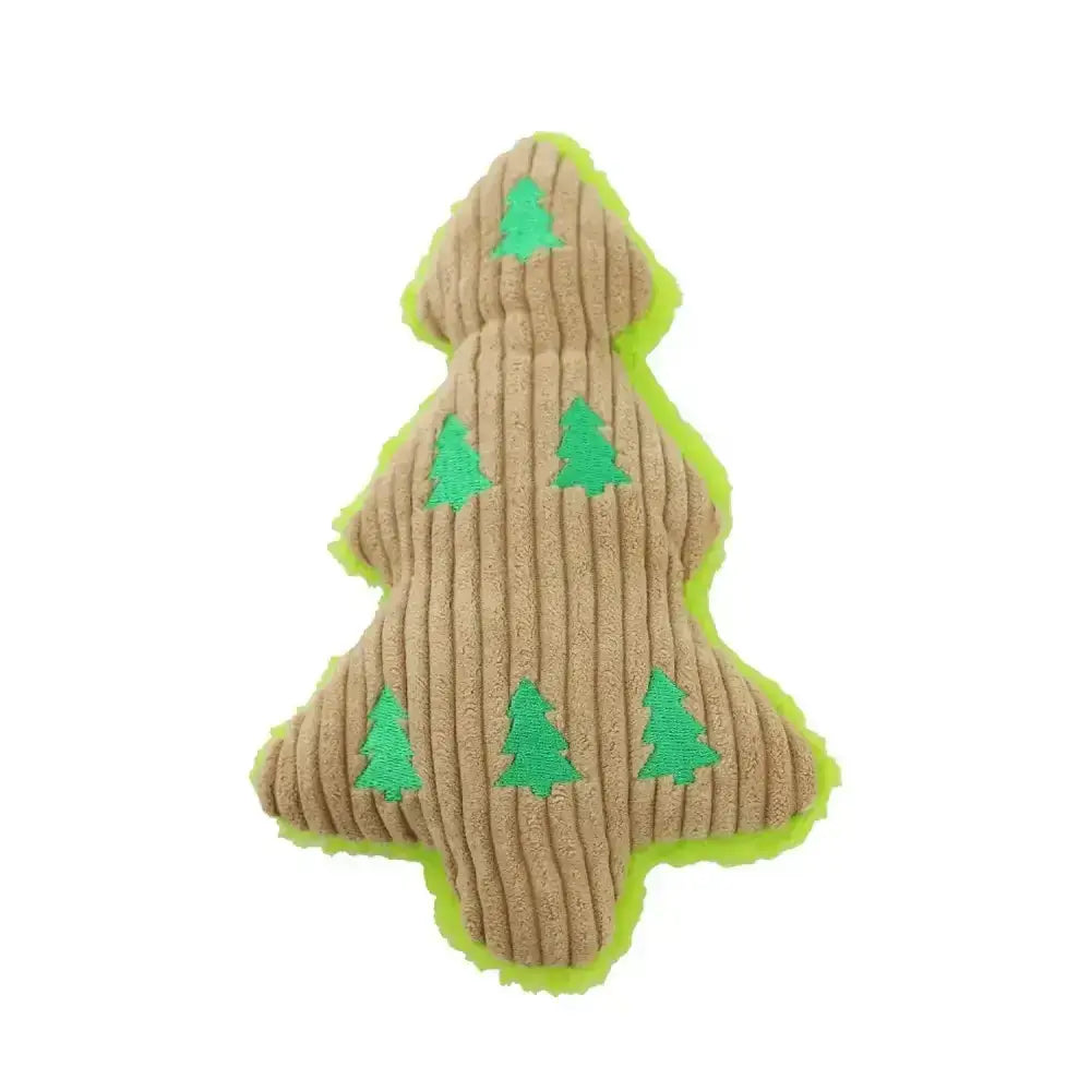 Ancol toms tree beige corduroy christmas tree dog toy with green embroidered pines and lime-green stitched border