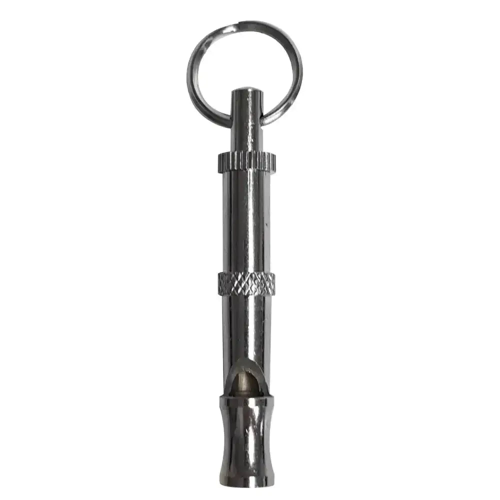 Silver metallic ancol variable dog whistle with textured grip and key ring attachment whistle dog toy