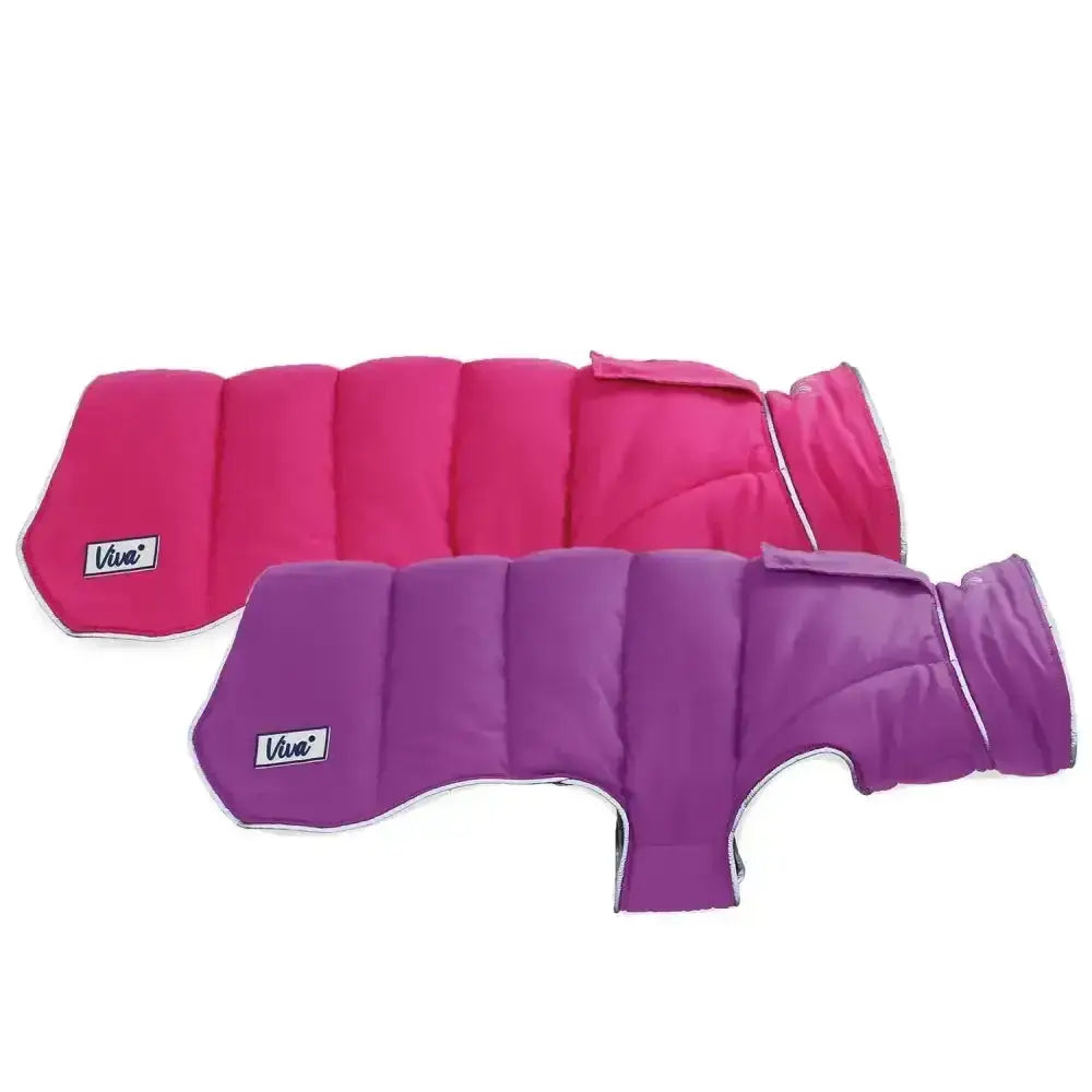 Pink and purple quilted ancol viva dog coat reversible with white trim and insulated design for warmth
