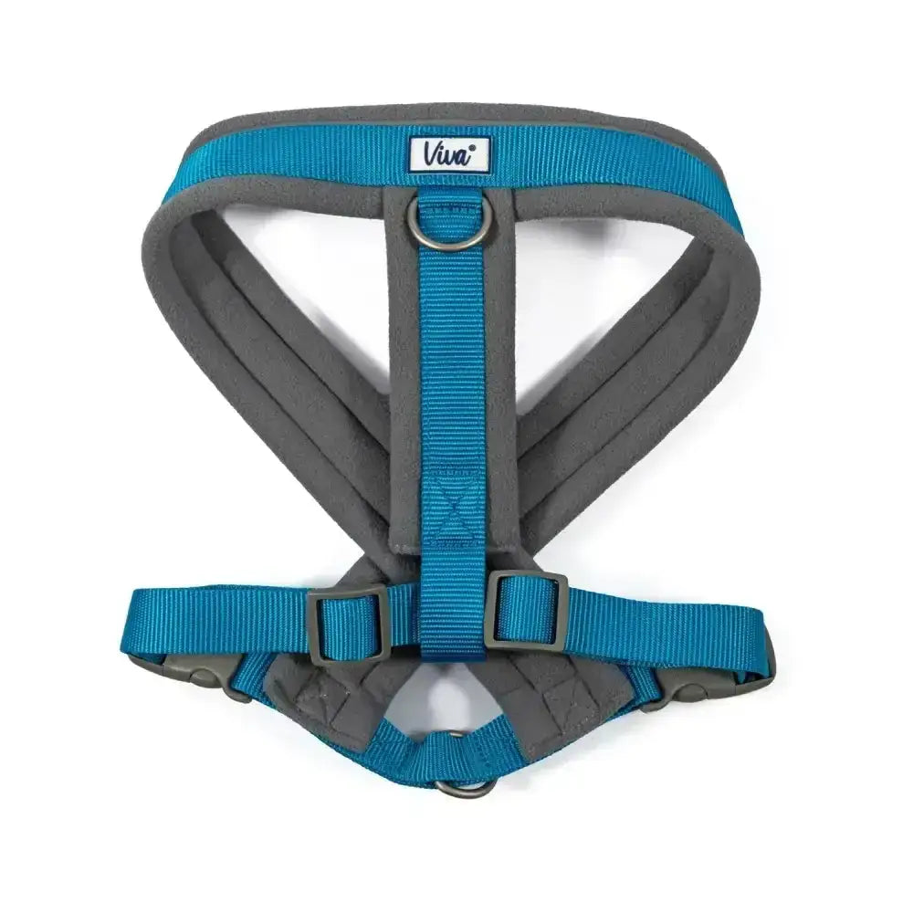 Blue and gray ancol viva padded harness with poly-weave webbing and viva brand label in padded harness blue style