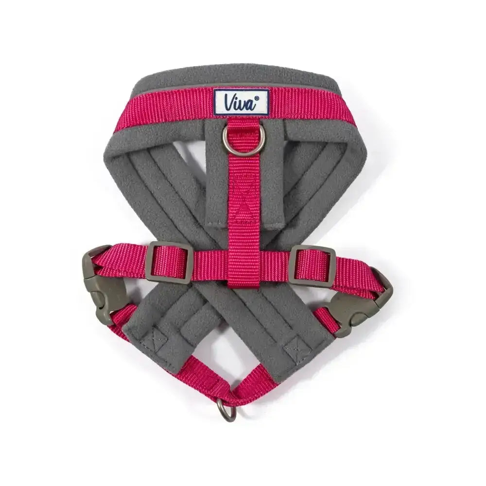 Ancol viva padded harness pink featuring gray and pink padded sections with adjustable buckles and poly-weave webbing