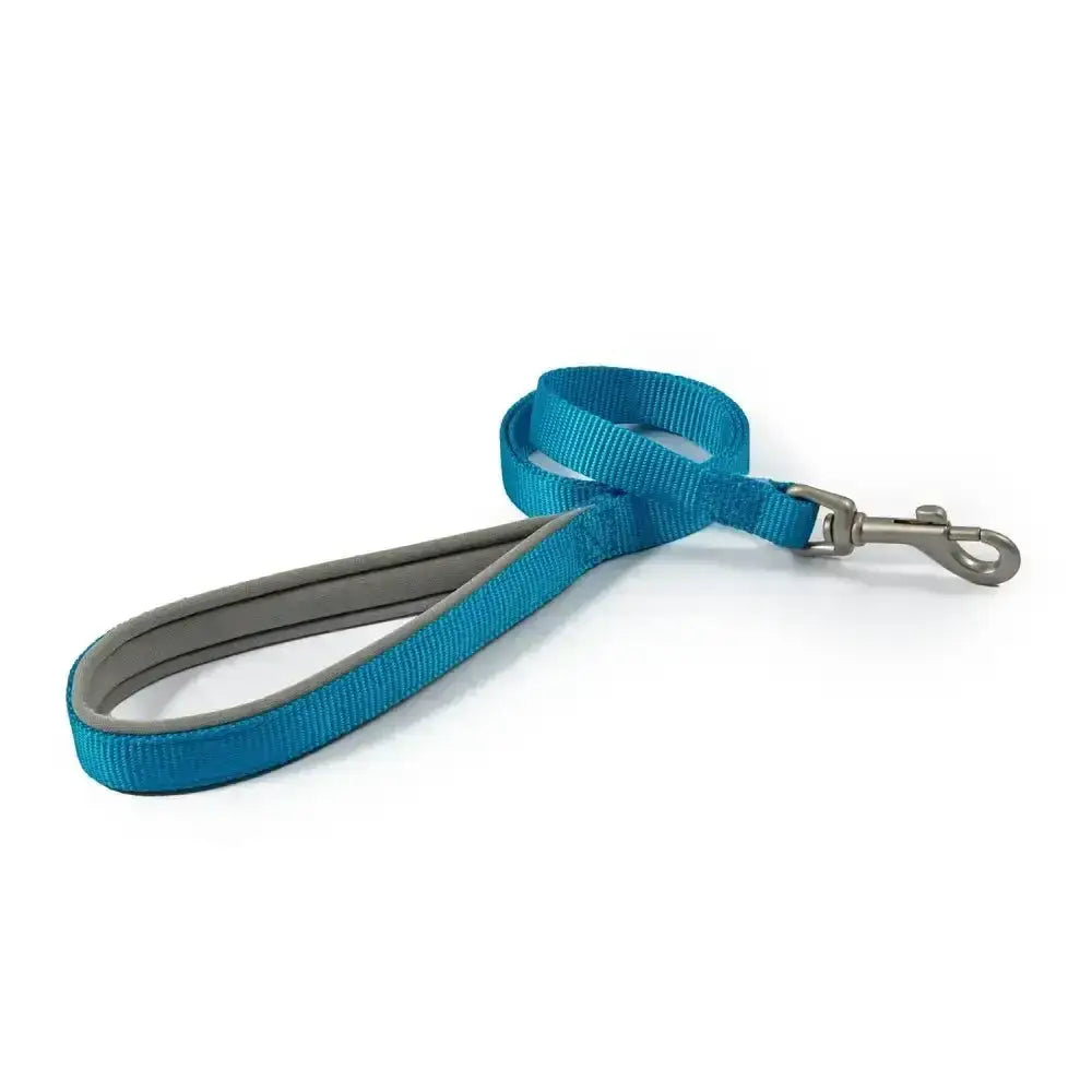 An ancol viva padded snap lead in teal and gray made of durable poly-weave webbing with a sturdy metal clasp