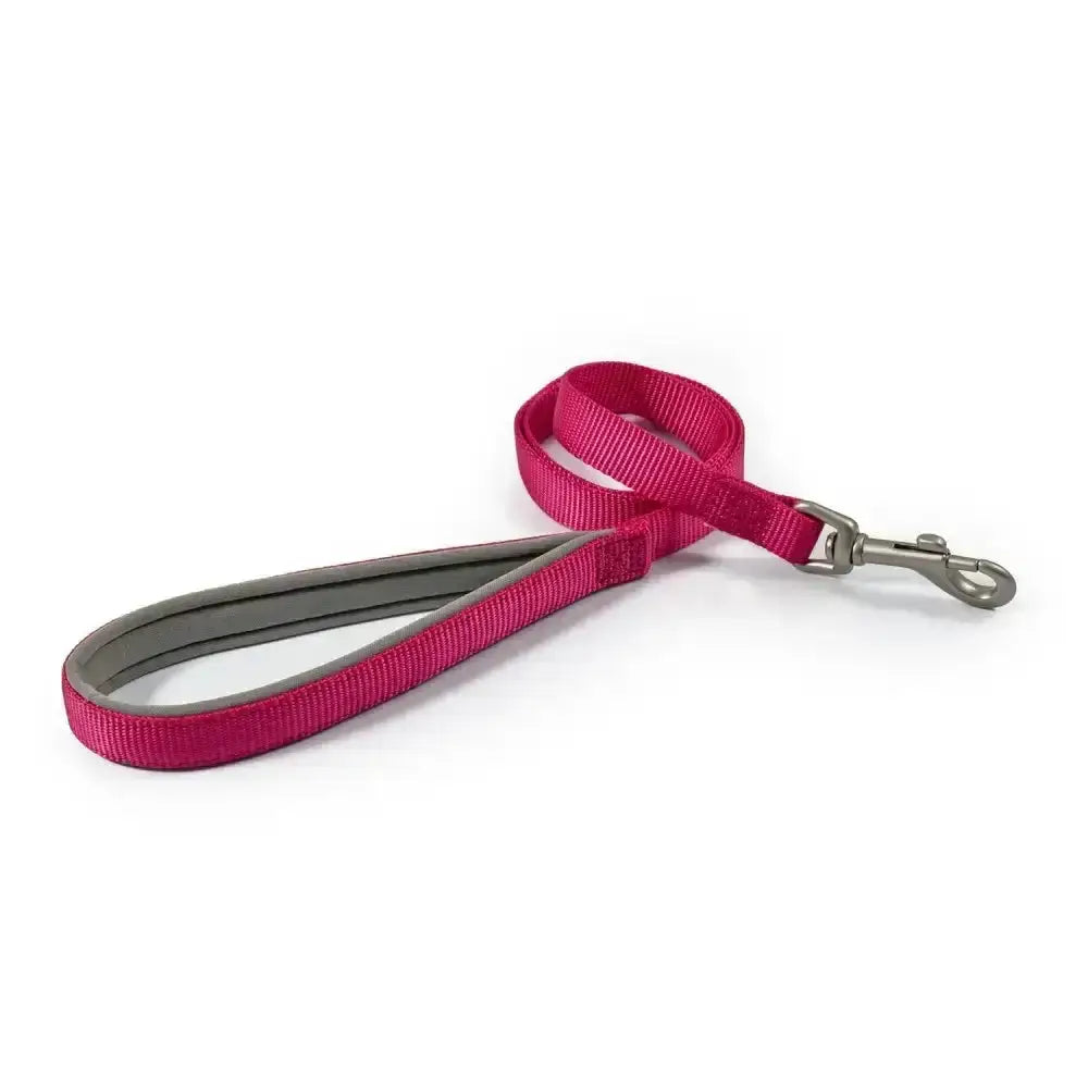Bright pink ancol viva padded snap lead with gray padded handle and durable poly-weave webbing silver clasp