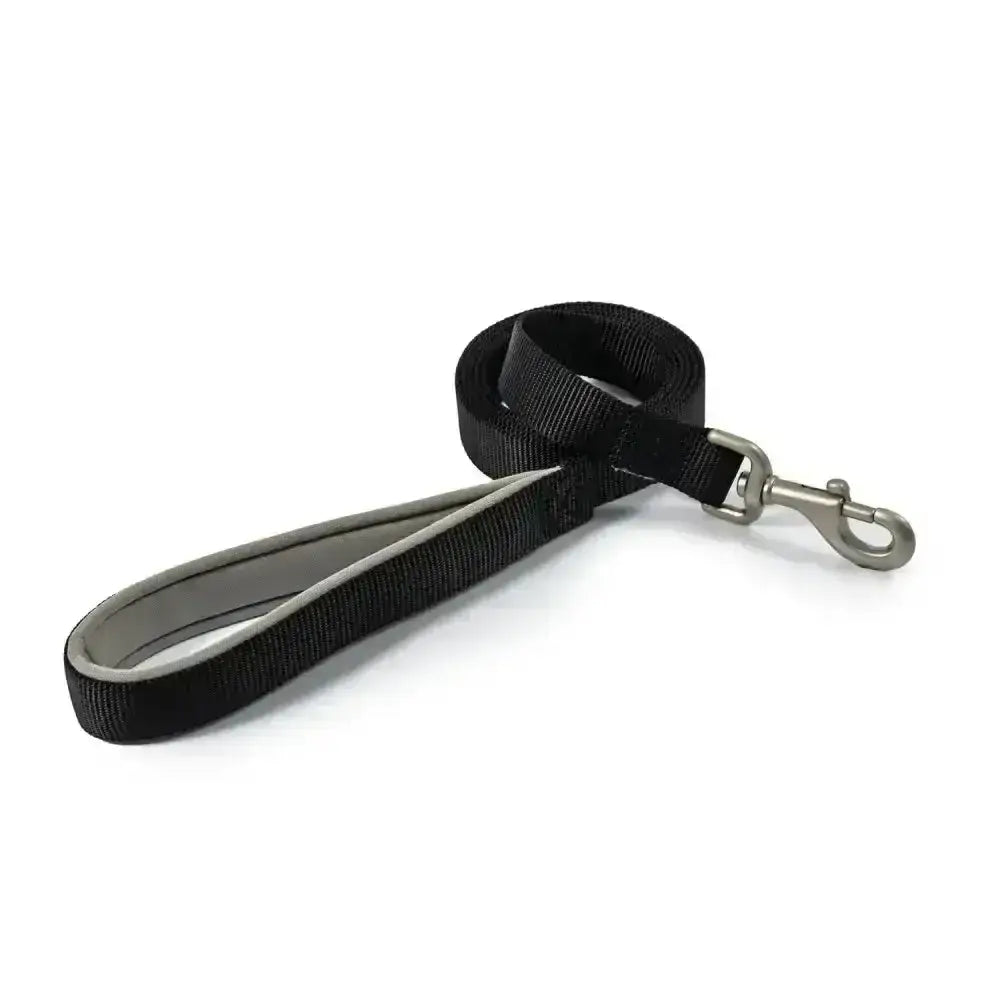 Black ancol viva padded snap lead with durable poly-weave webbing, silver clasp, and comfortable padded handle