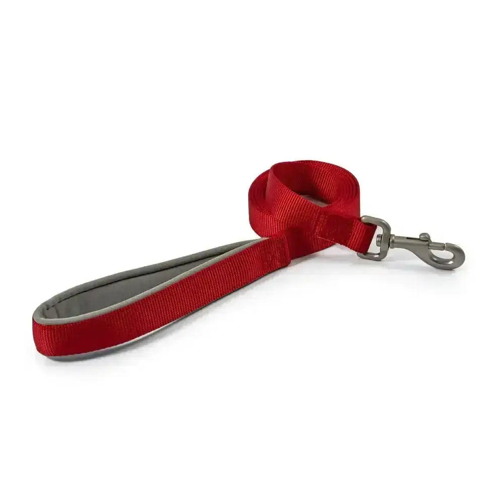 Red woven fabric ancol viva padded snap lead with gray padded handle and durable poly-weave webbing clasp