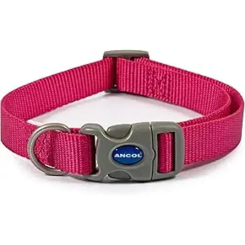 A vibrant pink nylon ancol viva quick fit adjustable collar with gray plastic buckle and metal d-ring featuring ancol logo