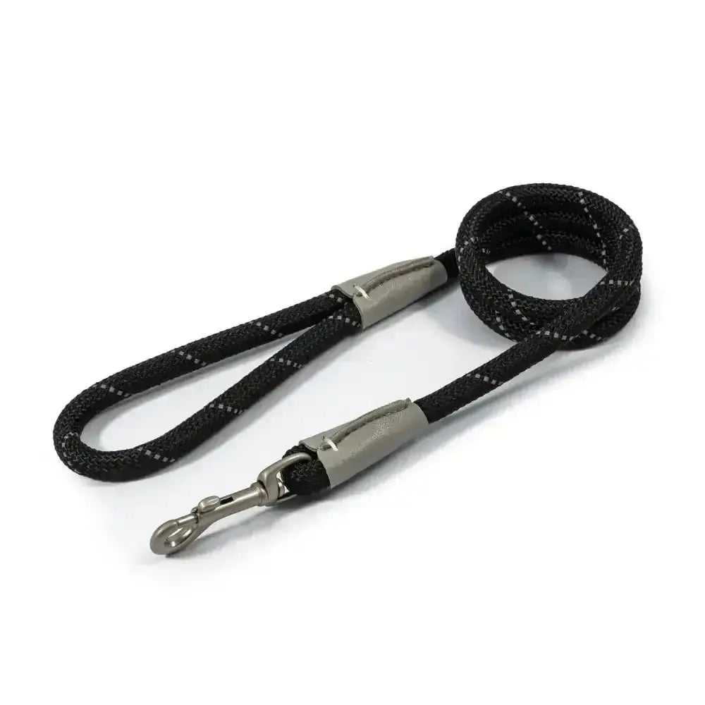 Black rope dog leash with silver satin snap hook and sturdy clip from ancol viva rope snap lead collection