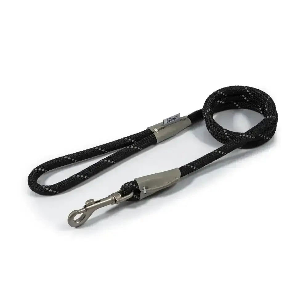 Black rope snap lead with silver satin snap hook and sturdy clip from ancol viva rope leash collection