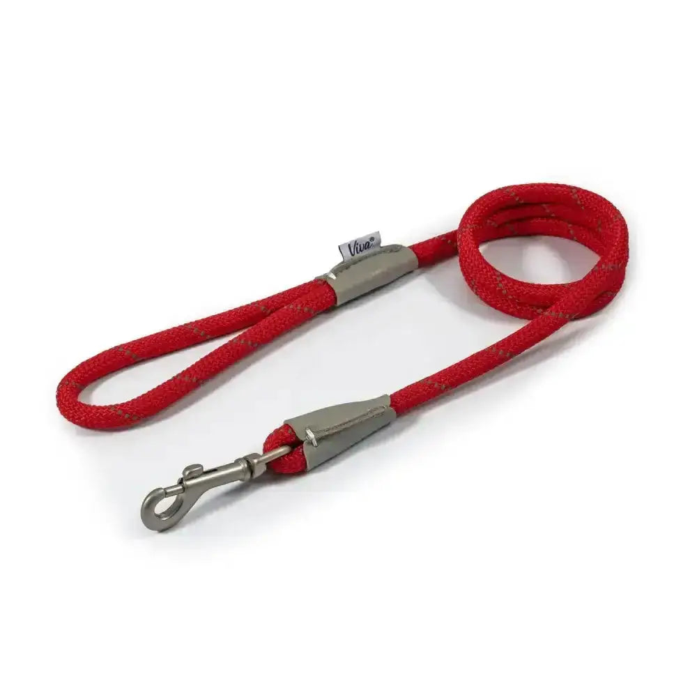 Red woven ancol viva rope snap lead with silver metal hardware and branded tag for easy dog walking