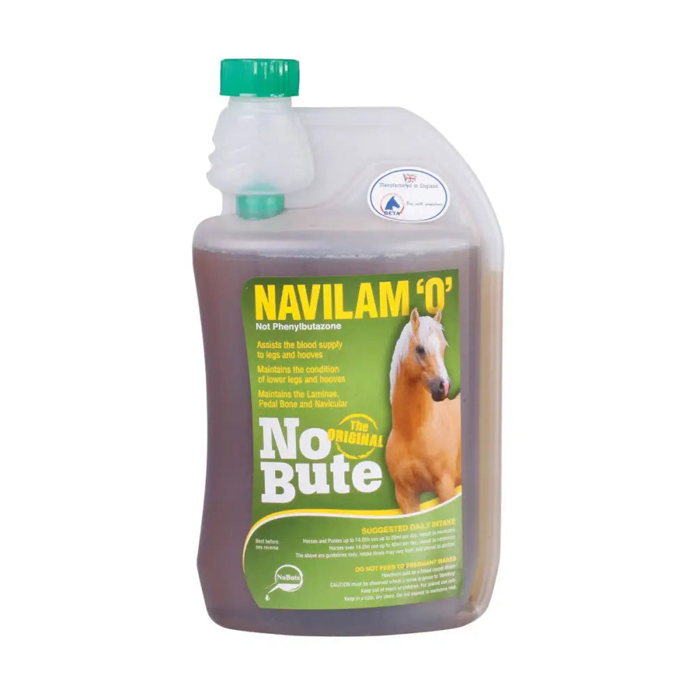 A translucent plastic bottle of animal health company navilam o horse hoof supplements with a green cap and label