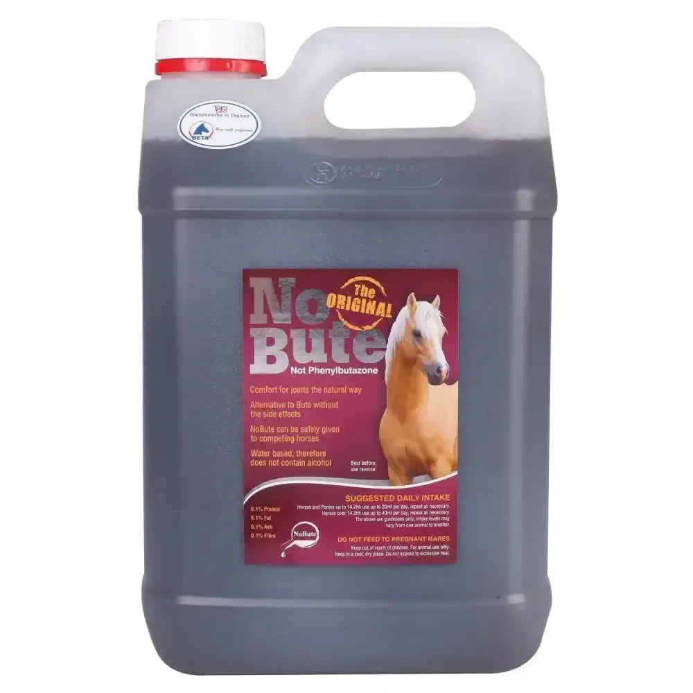 Gray plastic jug with white and red cap labeled no bute from animal health company nobute for maintaining healthy joints