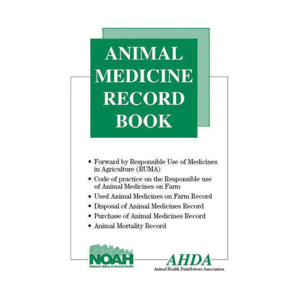 Green-covered animal medicine record book with white noah and ahda logos ideal for pom-vps medicines tracking