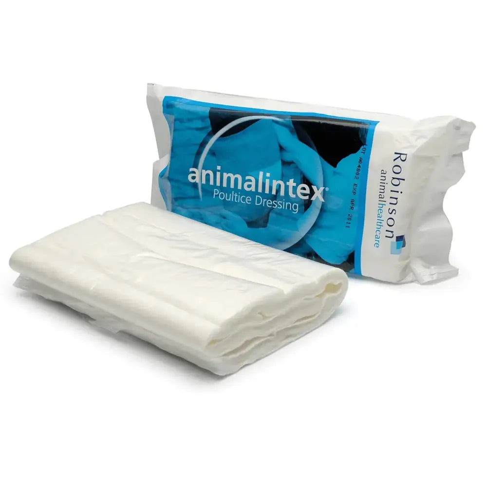 White animalintex poultice dressing in blue and white package for veterinary medicinal product and pre-cut hoof poultice use