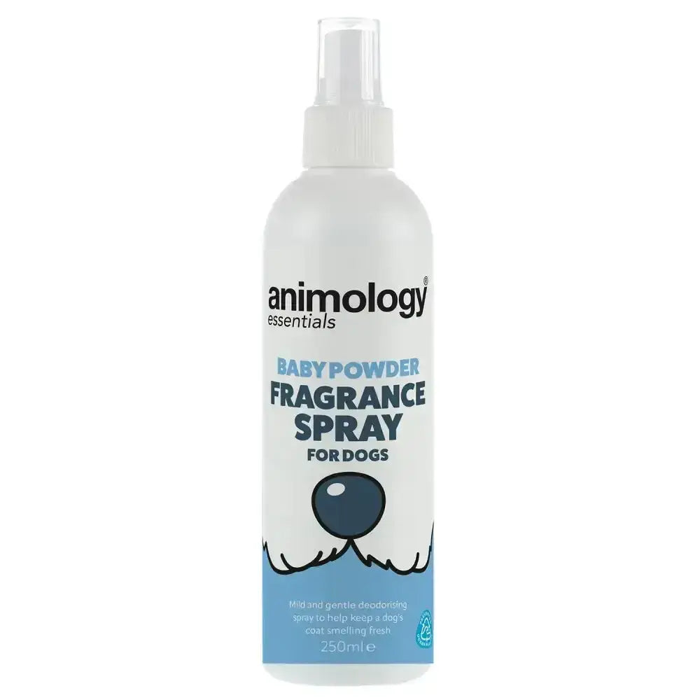 White plastic bottle with clear spray nozzle labeled animology essentials baby powder fragrance spray for dogs with cartoon dog face