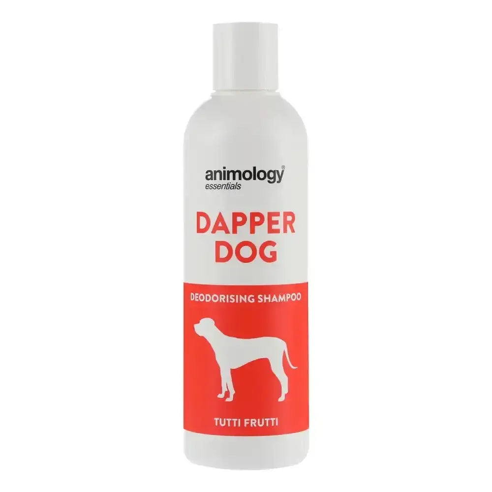 White plastic bottle of animology essentials dapper dog tutti frutti shampoo with red label and white dog silhouette