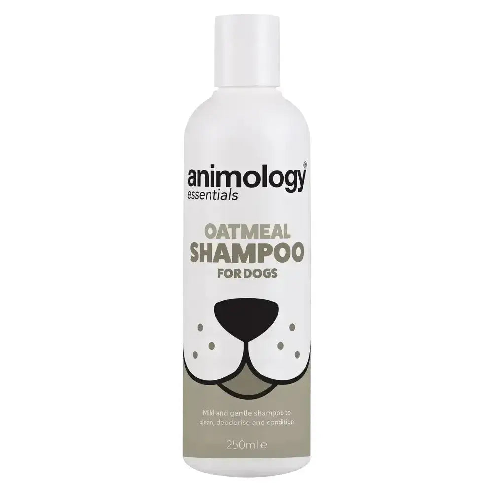 White plastic bottle of animology essentials oatmeal deodorising and conditioning shampoo for dogs 250ml with cartoon dog face