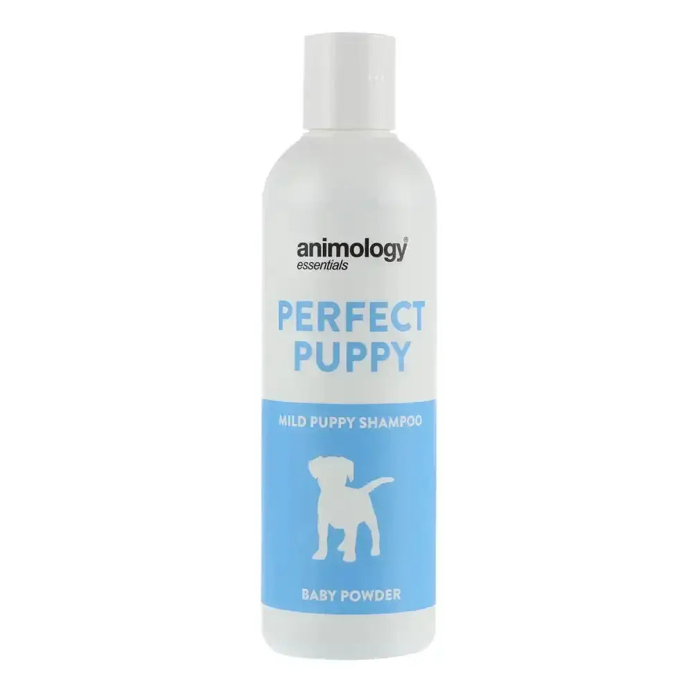 White plastic bottle of animology essentials perfect puppy deodorising and conditioning shampoo with blue label and puppy silhouette