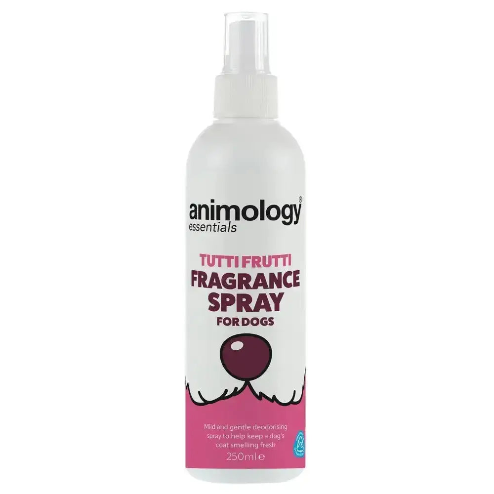 White plastic spray bottle with pink label animology essentials tutti frutti fragrance spray for dogs cartoon dog face