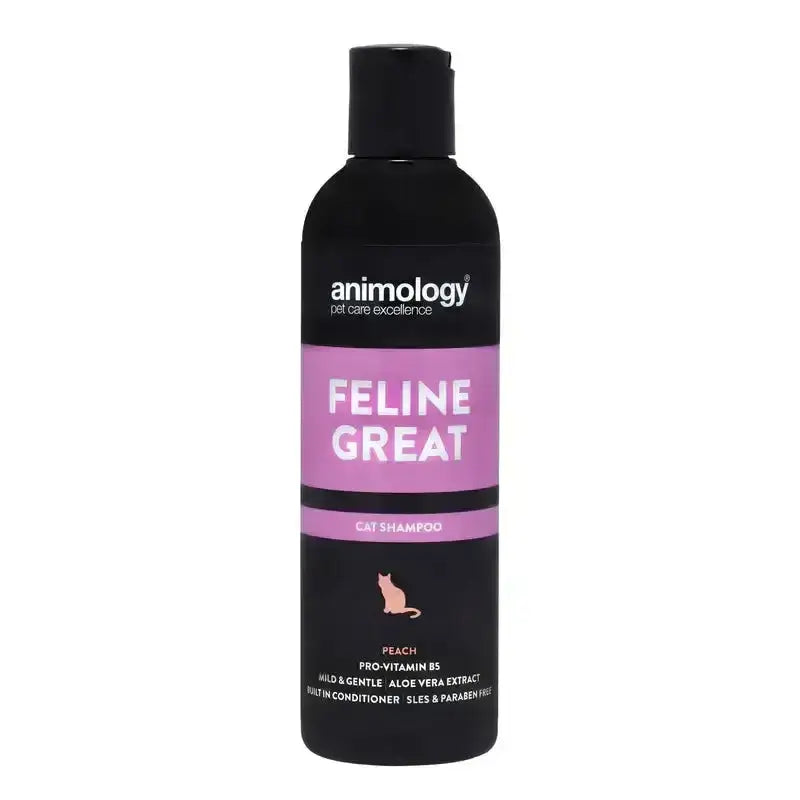 Black plastic bottle of animology feline great cat shampoo with pink label and black cap for cat’s coat clean