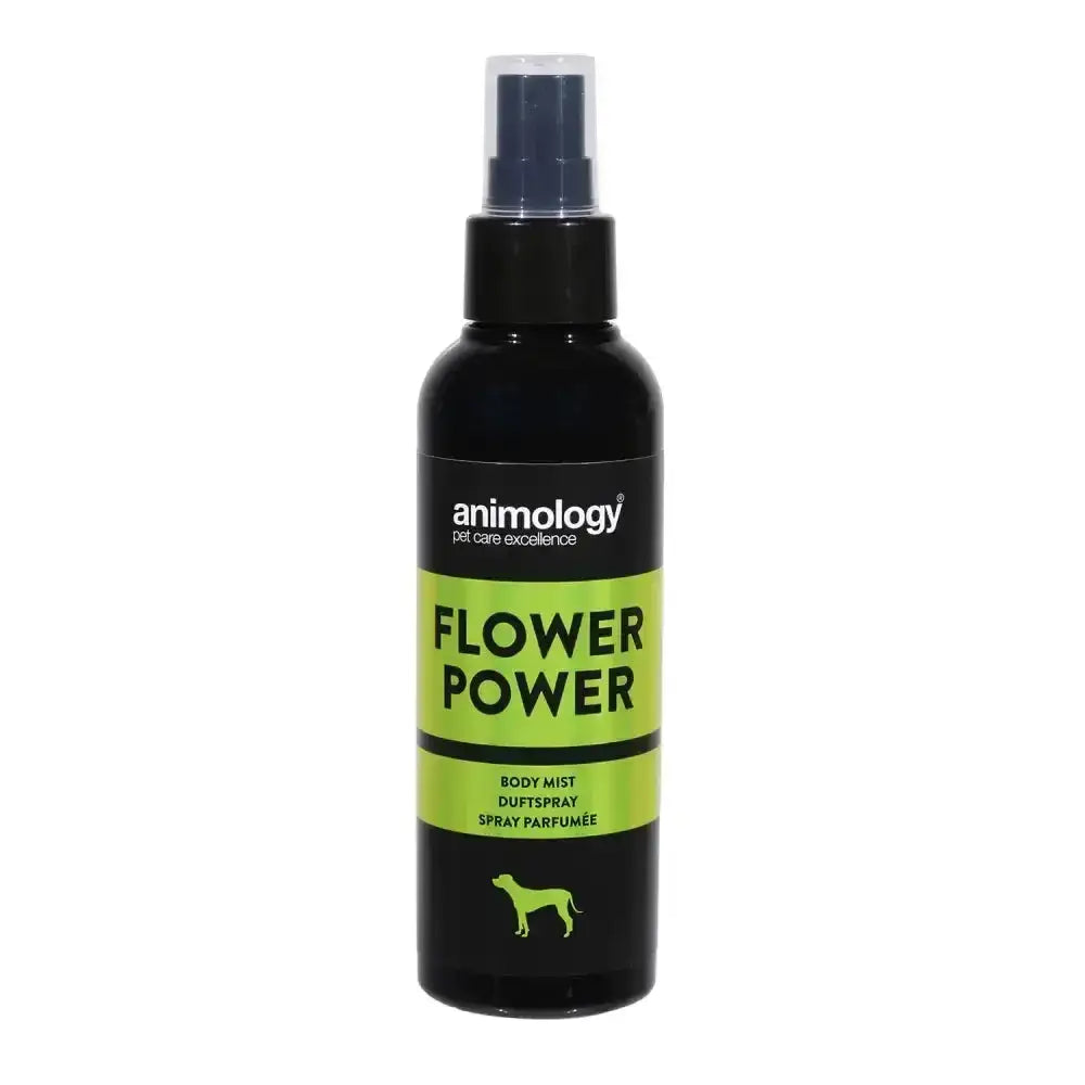 Black plastic animology flower power spray bottle with lime green label and clear nozzle featuring long lasting notes