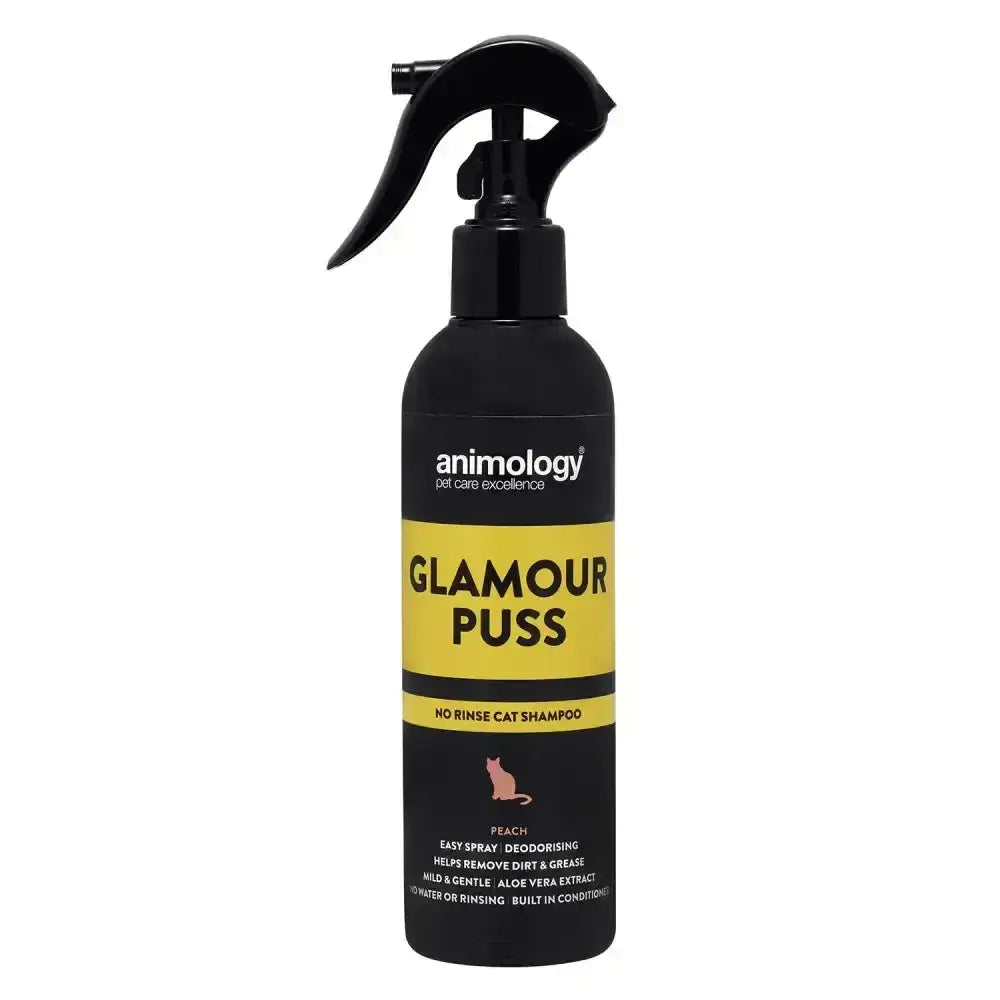 Black spray bottle of animology glamour puss gentle spray shampoo with yellow label for rinse cat shampoo use