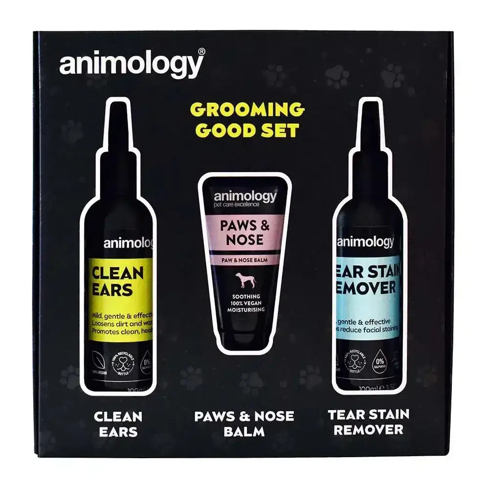 Animology grooming good set with black ear cleaner, pink paws and nose balm, and blue tear stain remover for faithful friends