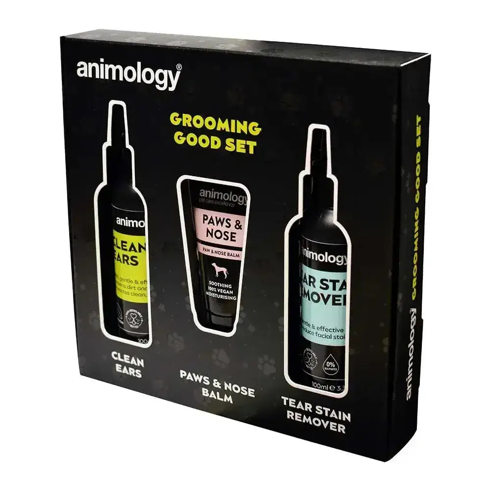 Animology grooming good set with ear cleaner, paw and nose balm, and tear stain remover for faithful friends grooming routine