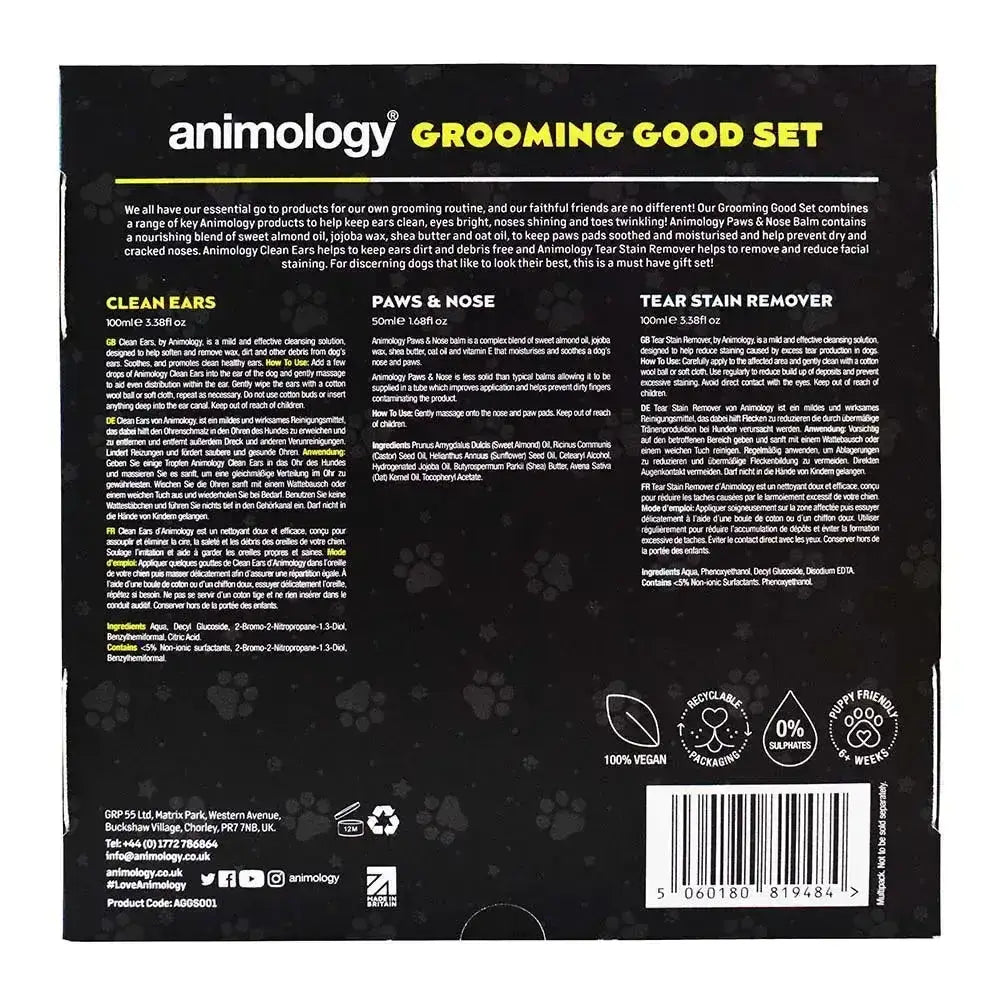 Black animology grooming good set box with yellow text and white icons for faithful friends grooming routine