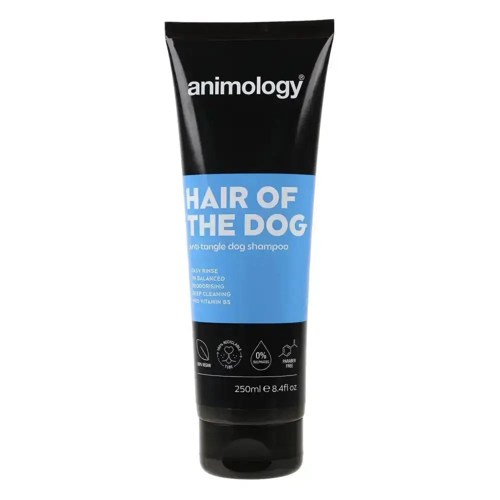 Black tube of animology hair of the dog anti-tangle shampoo with blue label for a soft dog’s coat