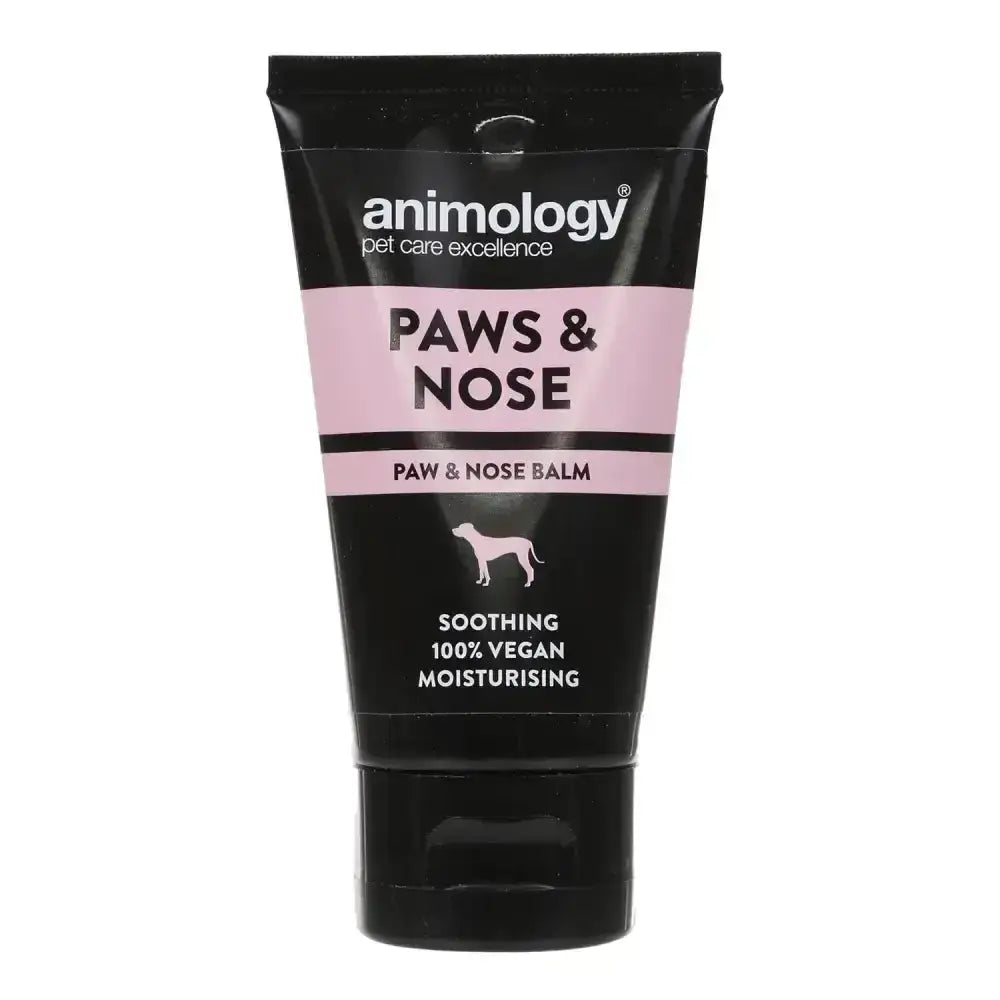 Black tube of animology paws & nose balm with pink label featuring jojoba wax for soothing paws & nose care