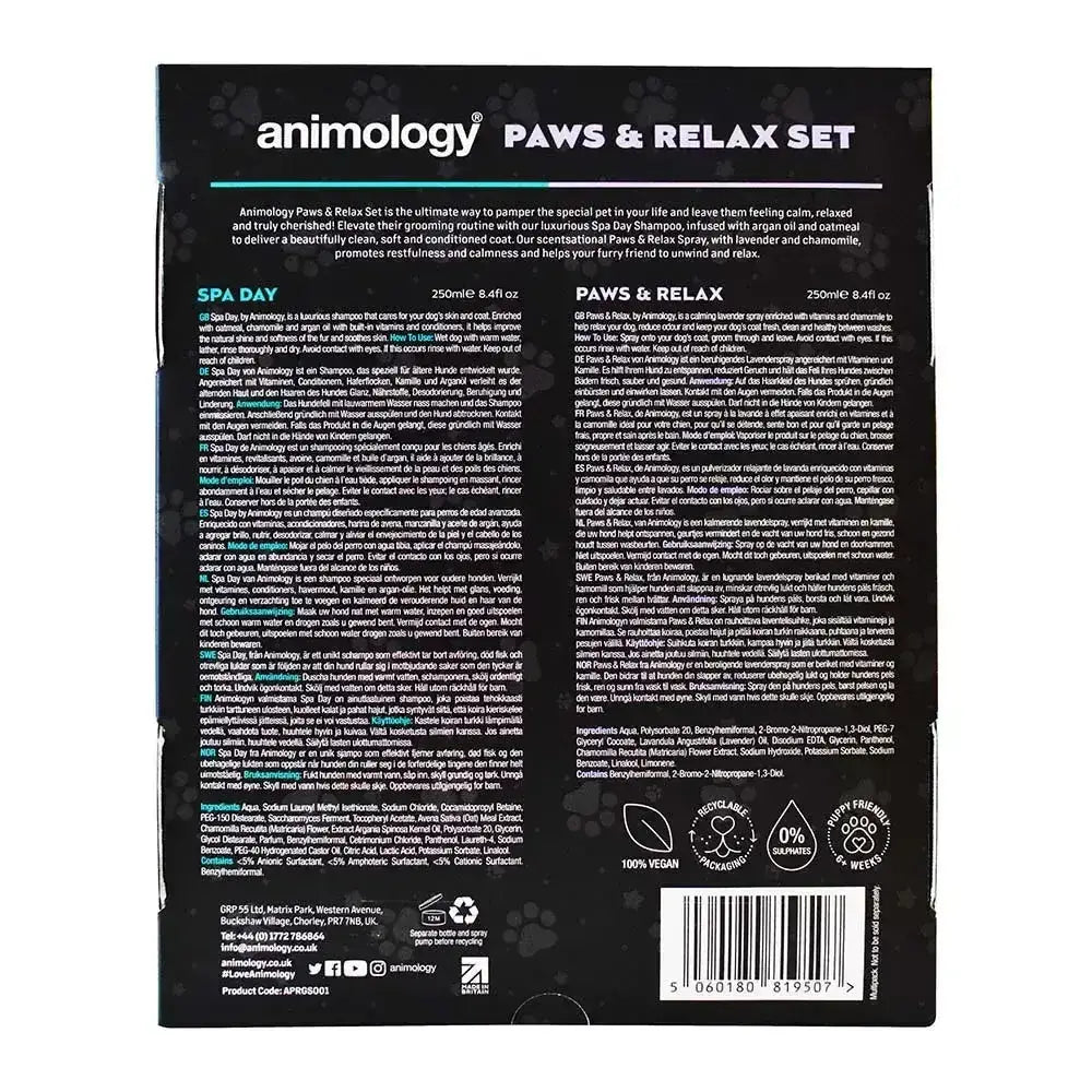 Black animology paws & relax set packaging with white text and green accents promoting feeling calm