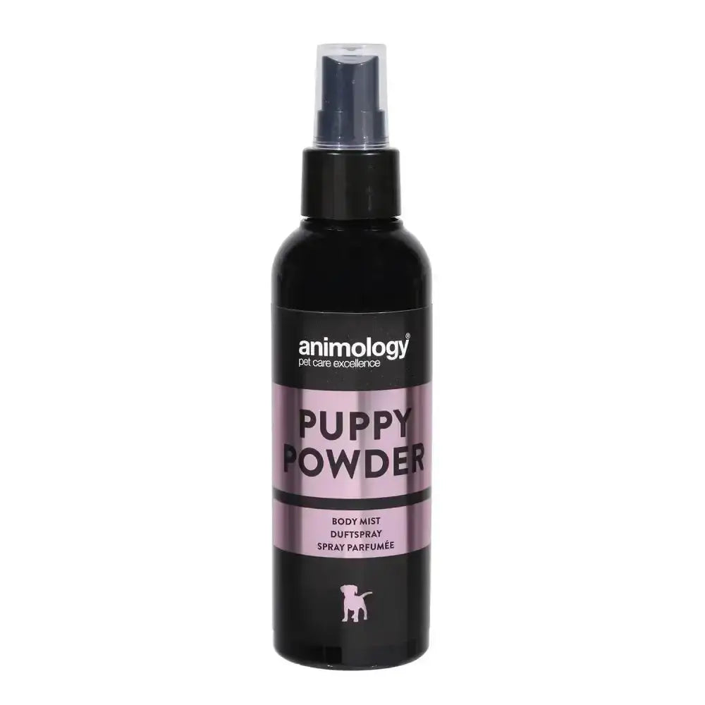Black plastic animology puppy powder fragrance mist bottle with matte finish and pink black label for long lasting baby powder