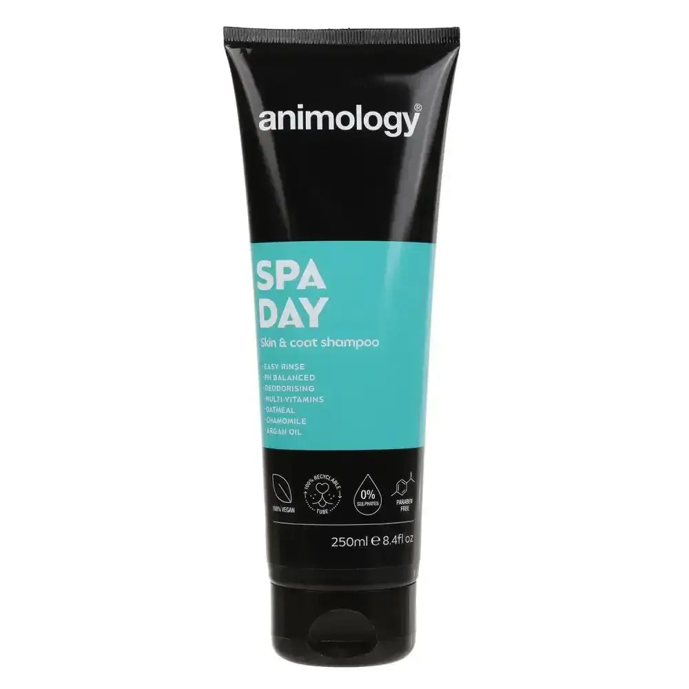 Black animology spa day shampoo tube with teal label features easy rinse formulation for a luxurious coat shine