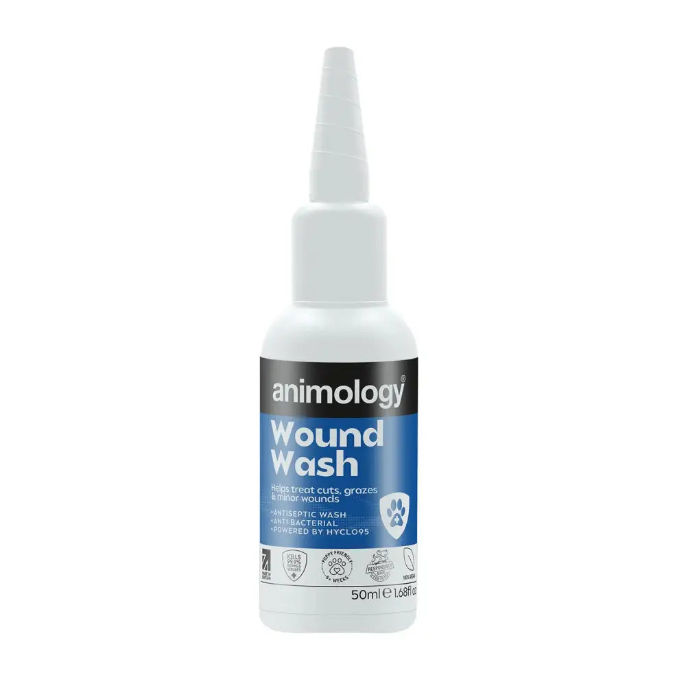 White plastic bottle of animology wound wash with blue label and pointed nozzle for easy animology wound cleaning