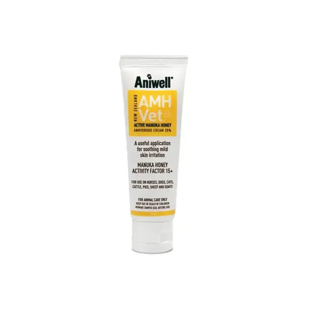 White tube of aniwell amh vet cream with active manuka honey antiseptic cream and yellow label with black text